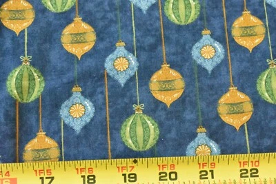 13" Long, Gold Green Blue Christmas Ornaments on Blue, Moda, Deb Strain, P9274 - Image 1 of 4