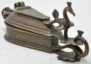Antique Brass Kum Kum Powder Tika Box Original Old Hand Crafted Bird Engraved - Picture 1 of 10