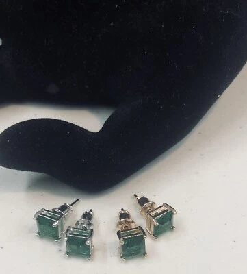 2) Simulated Green Emerald Square Cut Stud Earrings Silver Tone & Rose Gold Tone - Image 1 of 3