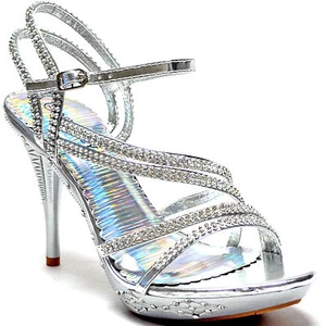 Nuevo Mujer Zapatos Estrás Sandalias de Noche Tacones de aguja Punta Abierta Plateado Formal - Imagen 1 de 10