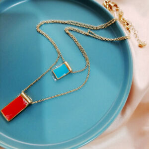 Premier Designs jewelry gold tone two layered enamel rectangle pendant necklace