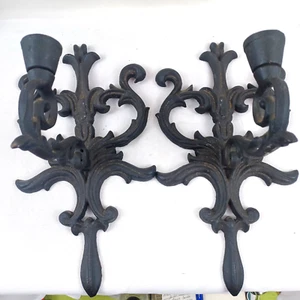 Cast Iron Candle Holders Wall Hanging Set of 2 Black MCM Spooky Decor Halloween - Picture 1 of 6
