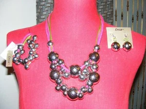 Neu ERICA rosa limette SILBER KUGELN sperrig Mode Halskette Armband & Ohrringe TRIO - Bild 1 von 1