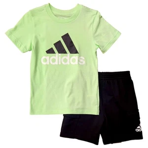 Adidas Boys Green Large Adidas Logo T-Shirt & Shorts Set Athletic Outfit 6 - Picture 1 of 2
