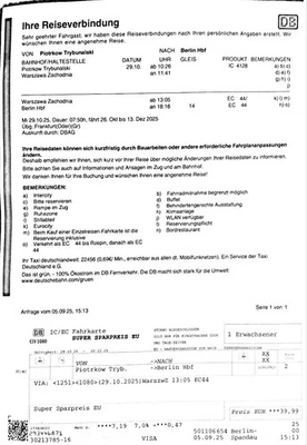 bahn ticket, fahrkarte warschau - berlin, 29.10.25, 13:05 - Bild 1 von 2