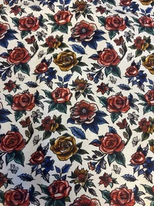 2.9 Metres Ivory Tattoo Art Floral Printed Cotton Craft Quilt Dress Fabric - Picture 1 of 5
