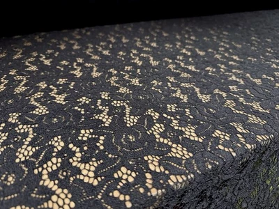 Stretch Spandex Lace Fabric - Scalloped Selvedge, Per Metre - Floral - Black - Image 1 of 4