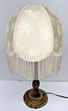 Victorian Fringe Boudoir Lamp Off SILK Cream/Vintage ANTIQUE BRASS STYLE BASE