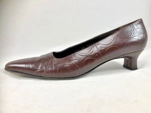 SALVATORE FERRAGAMO Logo Embossed Brown Leather Low Heel Pumps 8 1/2 - Picture 1 of 5