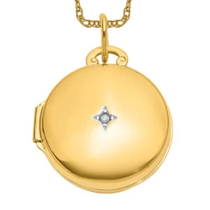 14K Solid Two Tone Gold Diamond Round Photo Locket Necklace - Picture 1 of 24