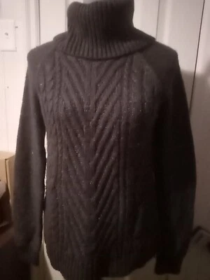 ELLE size Medium Grey COTTON BLEND CABLE PATTERN KNIT COWL NECK SIDE SLITS Cozy - Image 1 of 4