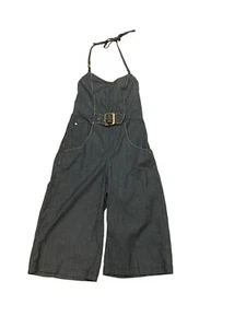 Vintage Y2K Rocawear Denim Wide Leg Halter Romper Gold Buckle Peekaboo Back L - Picture 1 of 24