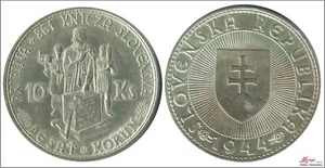 Slowakei 10 Korun 1944 / Prince Pribina / 7 Gr. Silber Ohne Kreuz Über - Picture 1 of 1