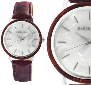 Damenuhr Armbanduhr Holz Perlmutt Silber Rotbraun Kunstleder 190/244 Excellanc - Bild 1 von 4
