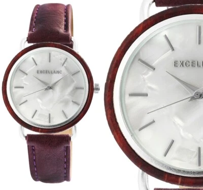 Damenuhr Armbanduhr Holz Perlmutt Silber Rotbraun Kunstleder 190/244 Excellanc - Bild 1 von 4