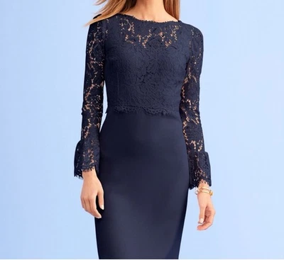 TALBOTS RSVP DARK NAVY BLUE LACE BODICE SHEATH DRESS 3/4 SLEEVES SZ 12 - Image 1 of 4