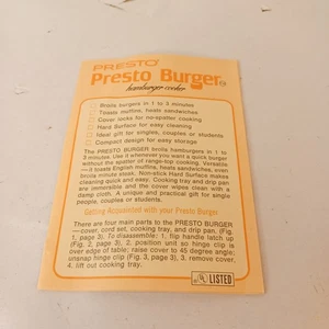 Presto Burger Hamburger Cooker solo manuale istruzioni - Foto 1 di 2