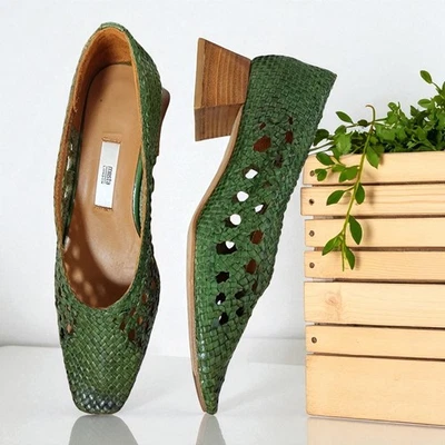 Sandalias de tacón Miista Marina de cuero tejido verde con punta cuadrada 8,5/39 Foto 1 de 4