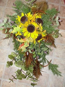 Cascading Bride Bouquet Rustic Tuscan Yellow Sunflowers Brown Feathers - Picture 1 of 1