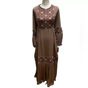Rozan dress abaya maxi tan embroidered embellished Large NwT - Picture 1 of 10