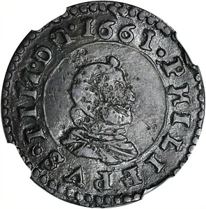1661-Y SPAIN FELIPE IV COPPER 16 MARAVEDIS NGC XF-40 BN MADRID MINT - Picture 1 of 3