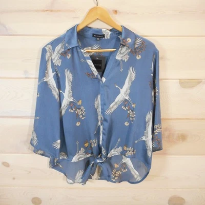 Pleione новый с Ярлыками женская M блузка журавль птица печать галстук спереди воротник легкий синий - Изображение 1 из 4