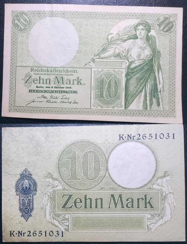1906 Deutschland 10 Mark Reichskassenschein Kaiserreich Berlin Allegorie Origina - Image 1 of 4