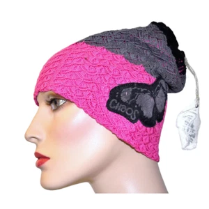 NWT Chaos 'Angelina' knit Beanie hat Bright Pink Gray Black Butterfly Free ship - Picture 1 of 3