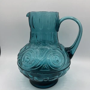 STELVIA Empoli - Teal Blue Textured Pitcher Vase - 1970s Italian Glass Vintage - Picture 1 of 8