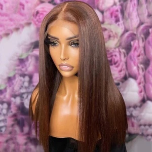 Heat Resistant Synthetic hair Lace front wigs Dark Brown Handtied Long Straight - Picture 1 of 11