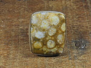 Natural Fossil Coral 925 Solid Sterling Silver Ring Size US 7.5