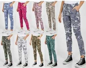 Women Ladies Camouflage Cargo Pocket Stretch Jogger Army Magic Trousers Pants - Picture 1 of 25