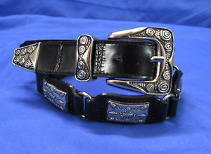 Woman's Belt BLACK Faux Leather SILVER TONE CONCHOS Moc Croc AZTEC DESIGN sz M