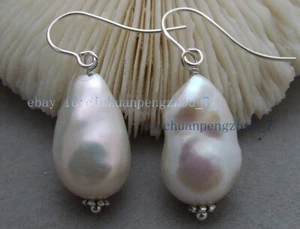 Real Natural Huge White Freshwater Baroque Pearl Dangle Silver Hook Earrings - Picture 1 of 4