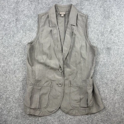 J.JILL Gris Seda Lino Chaleco Abotonable Para Mujer Talla S Pequeño Bolsillos Vestido Informal Foto 1 de 4