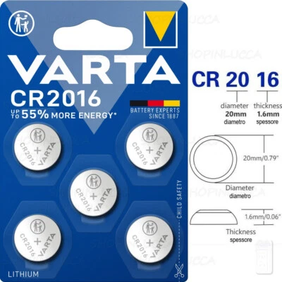 5 Pile CR2016 VARTA top +55% Batterie Bottone Litio Lithium 2016 3v scade 2034 - Immagine 1 di 4