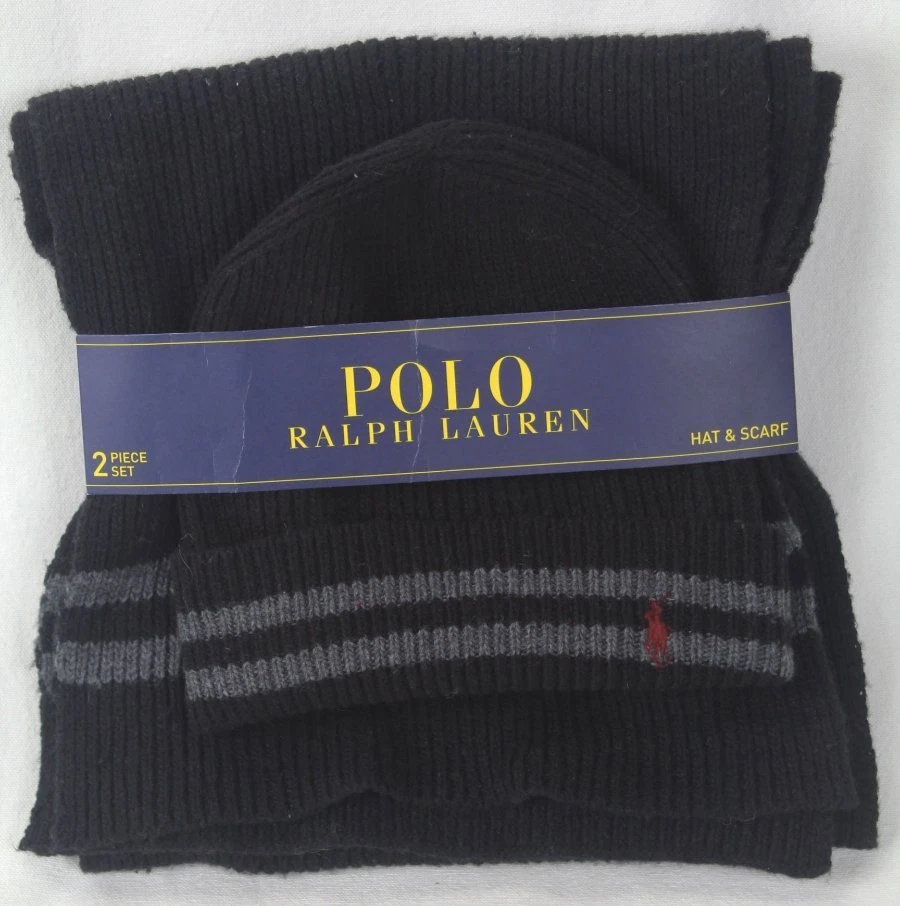 Polo Ralph Lauren черный серый шерсти шарф Beanie 2 изделия комплект новый с Ярлыками - Изображение 1 из 1