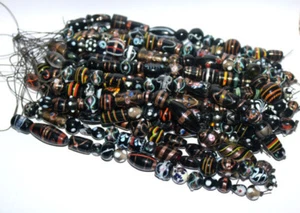 10 Strands Lamp Work Glass Beads, Black Fancy Beads Mix, Indian Handamade Glass. - Picture 1 of 2