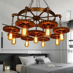9-Head Rustic Ceiling Light Pendant Lamp Fixture Steampunk Gear Chain Chandelier - Picture 1 of 5