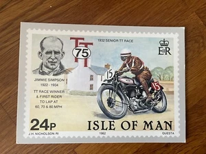 1982 Isle of Man TT Races Stamp Design Jimmie Simpson 1932 Norton Postcard - Picture 1 of 2