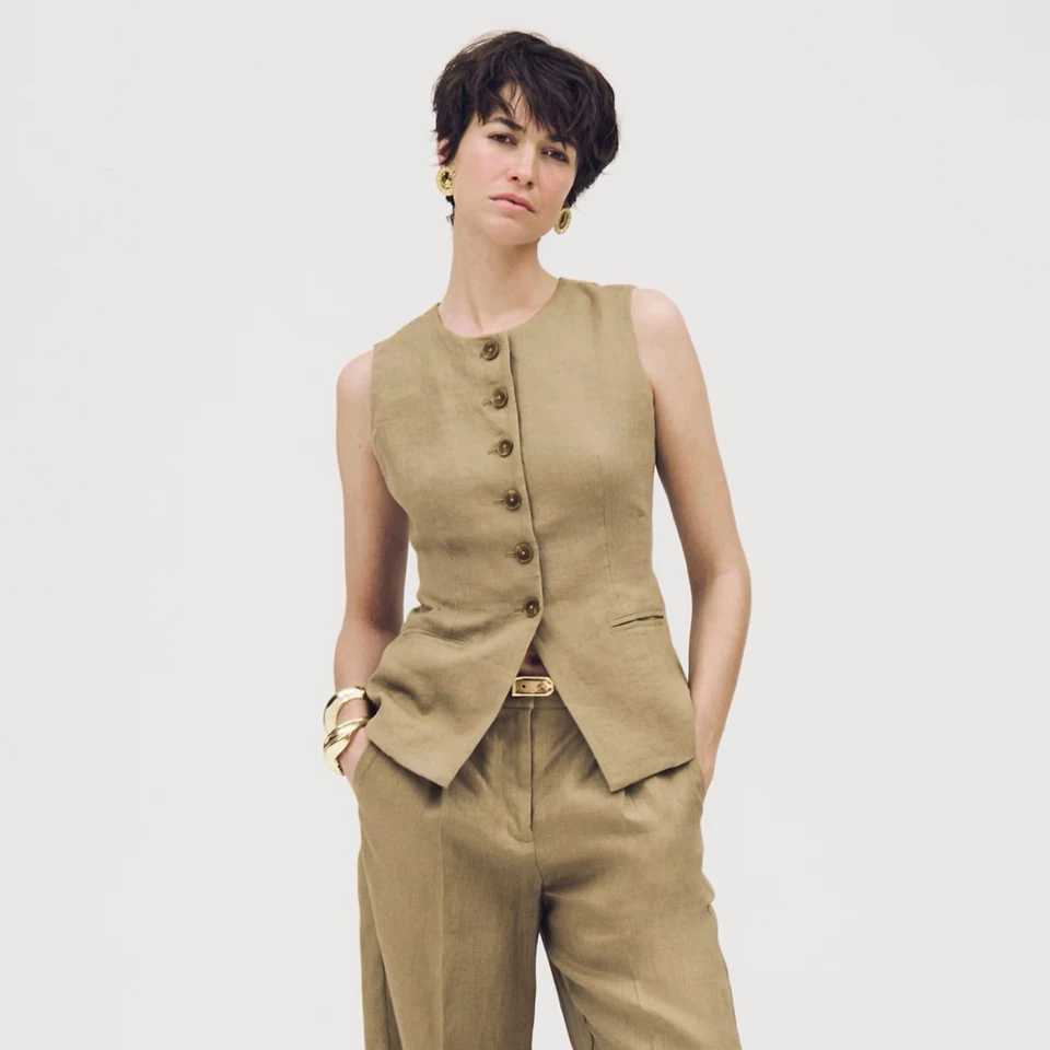 ¡¡NUEVO CON ETIQUETAS!! J. CREW Chaleco Corte Top Lino Botones Polvoriento Fatiga Marrón Talla 14 Foto 1 de 4