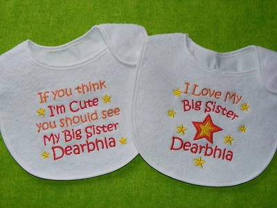 LESLEY ANN DESIGNS Personalised Baby Bibs Twinpack Love Big Brother Sister