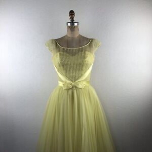Vintage l 50s S Yellow Illusion Neckline Sweetheart Bust Bow Pleated Skirt Dress