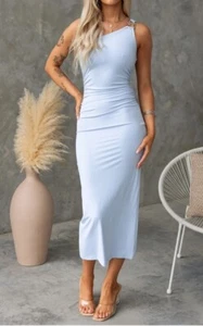 NEW TIGERMIST BABY BLUE SLINKY ONE SHOULDER BODYCON MIDI DRESS 8 10 - Picture 1 of 4