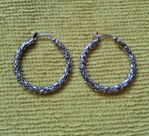 Hoops Woven Weave Design Sterling Silver 925 Italy Pierced 1 " EARRINGS - Picture 1 of 9