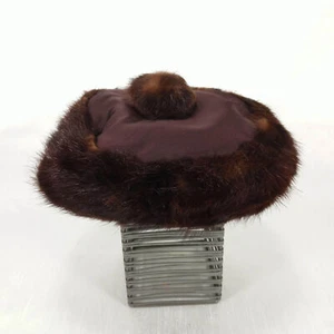 1950s Vintage Chocolate Satin Pill Box Hat with Mink Trim - Picture 1 of 4