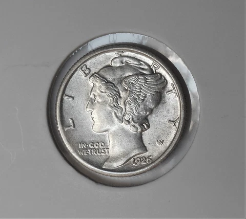 1926 . Mercury Dime . . AU/BU . Almost Uncirculated . Silver Cover