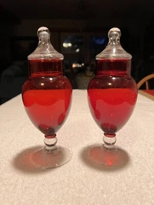 Pair Anchor Hocking Ruby Red Glass Apothecary Jar w/ Clear Lid And Pedestal - Picture 1 of 10