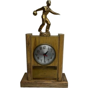 Vintage 1954 BCBA Bronze Bowling Trophy W/Electric Sessions Clock Oak Base 13" - Picture 1 of 10