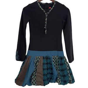 Catimini A Line Long Sleeve Dress Sz 14 Black Blue Patchwork Skirt Floral Plaid - Picture 1 of 3